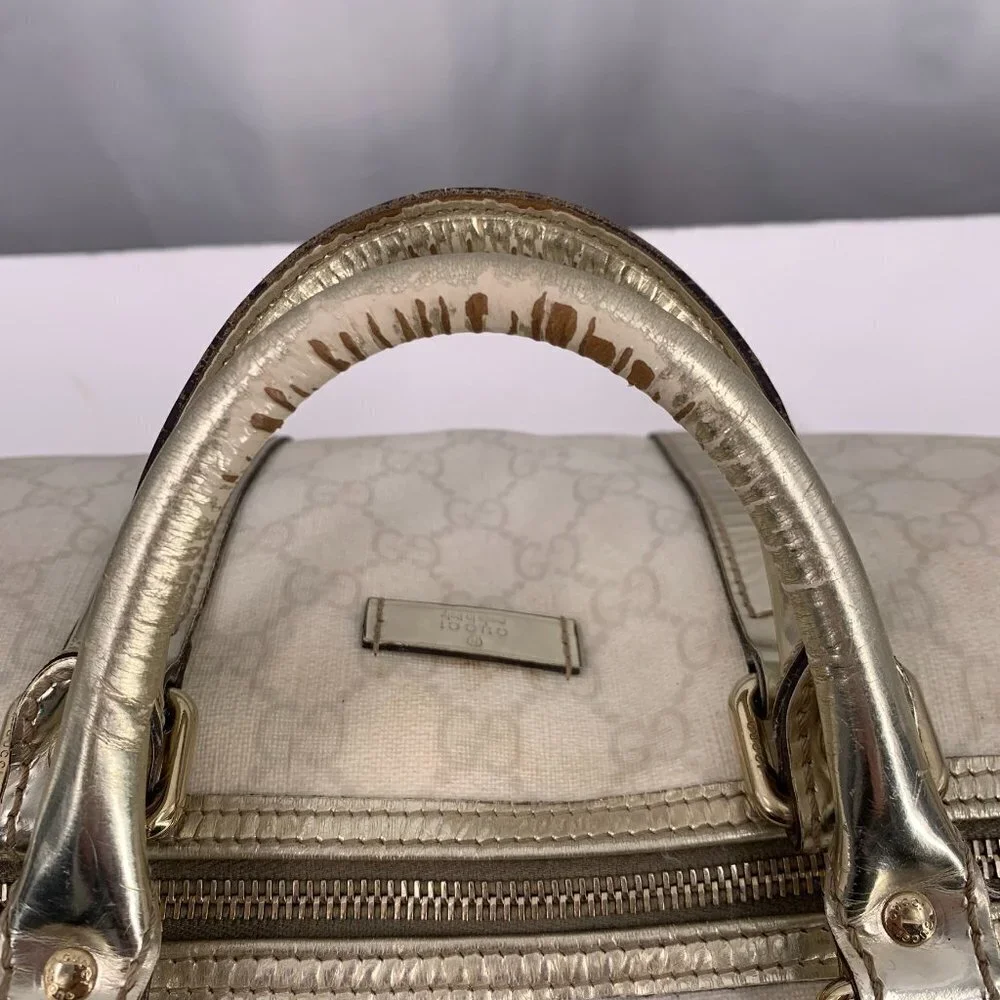 Authentic Vintage GUCCI Joy Boston Ivory & Gold GG Coated Canvas Medium Satchel